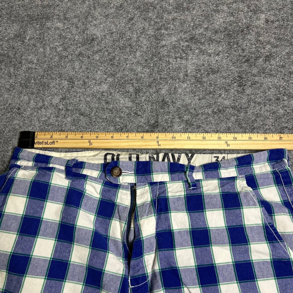 Old Navy Blue White Plaid Chino Shorts Mens Size 34 Preppy Summer Casual Retro - Picture 6 of 7
